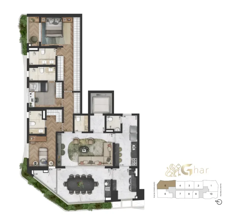 Planta apartamento 169 m² 3 suítes no On The Sky Bela Cintra The Residences