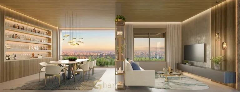 Living decorado do apartamento de 82 m² no On The Sky Bela Cintra The Residences