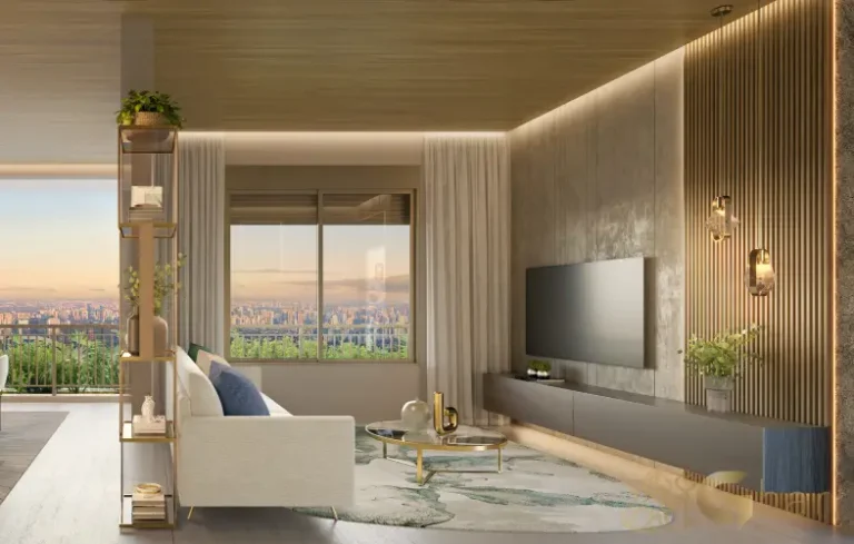 Sala decorada do apartamento 82 m² no On The Sky Bela Cintra The Residences