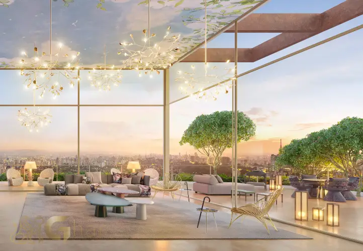 Espaço de convivência no salão de festas do On The Sky Bela Cintra