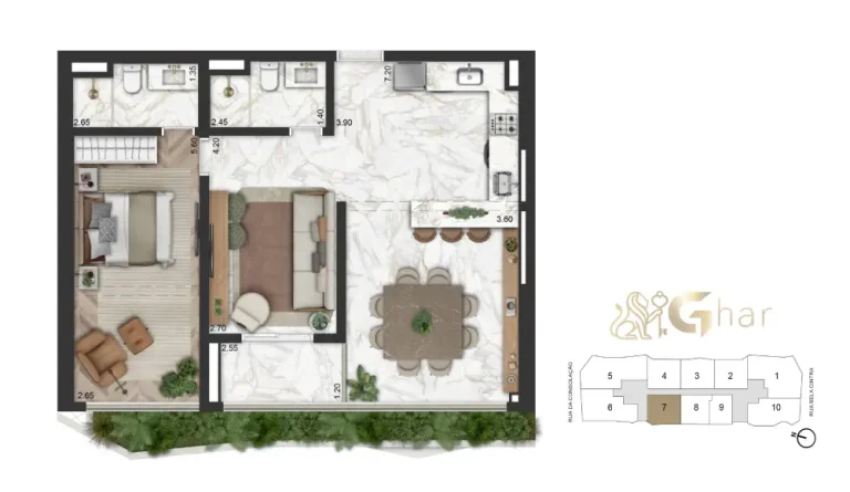 Planta apartamento 2 dormitórios sala ampliada 82 m² On The Sky Bela Cintra