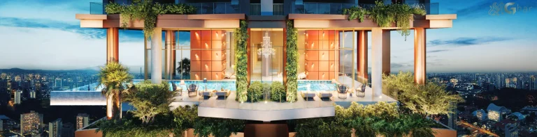 Piscina suspensa e fachada do On The Sky Cyrela by YOO em Perdizes