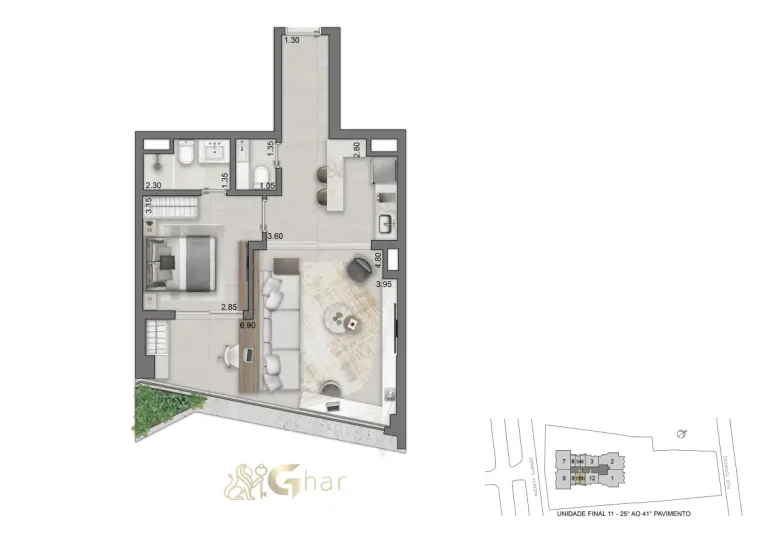 Planta do apartamento 1 suíte 61 m² no On The Sky Cyrela by YOO