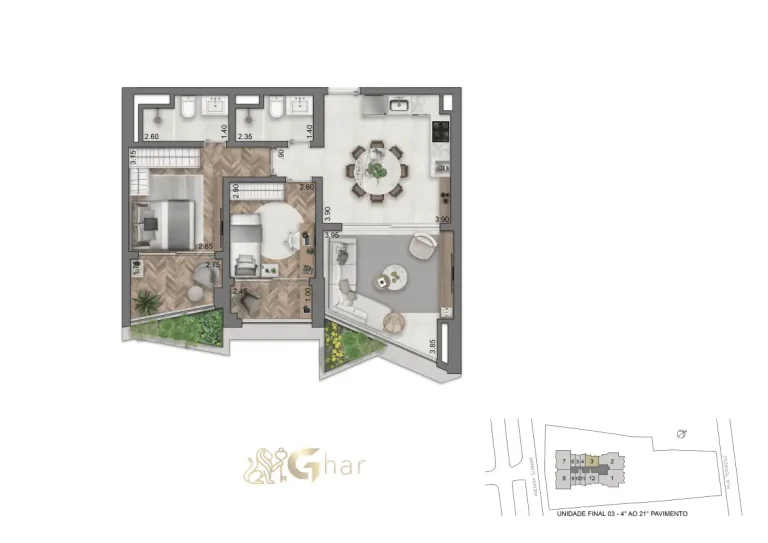 Planta do apartamento 2 dormitórios 77 m² no On The Sky Cyrela by YOO