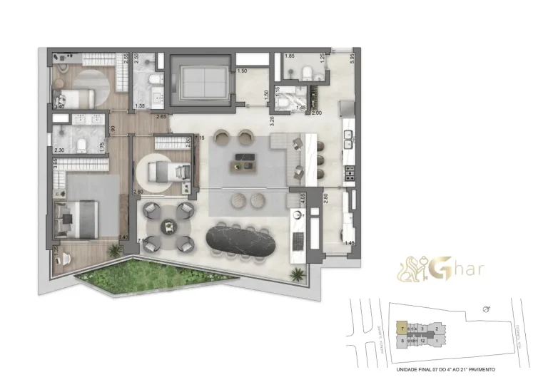 Planta do apartamento 3 dormitórios 132 m² no On The Sky Cyrela by YOO