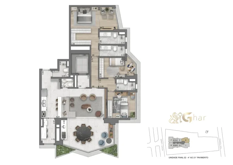 Planta do apartamento 3 suítes 162 m² no On The Sky Cyrela by YOO