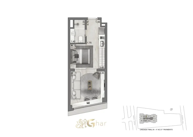 Planta do apartamento studio 29 m² no On The Sky Cyrela by YOO