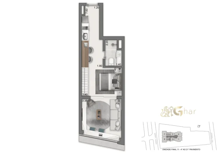 Planta do apartamento studio 36 m² no On The Sky Cyrela by YOO