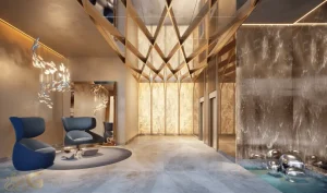Lobby sofisticado do condomínio Oscar Freire 1560 em Pinheiros