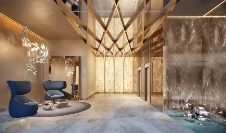 Lobby sofisticado do condomínio Oscar Freire 1560 em Pinheiros