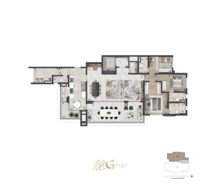 Planta do apartamento de 174 m² com 3 suítes no Oscar Freire 1560 em Pinheiros