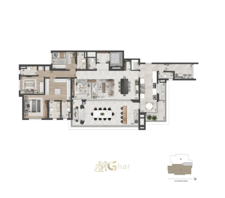 Planta do apartamento de 217 m² com 3 suítes e estar ampliado no Oscar Freire 1560
