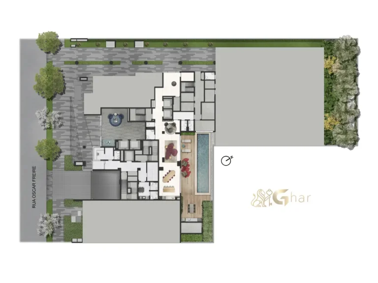 Implantação do térreo do condomínio Oscar Freire 1560 em Pinheiros