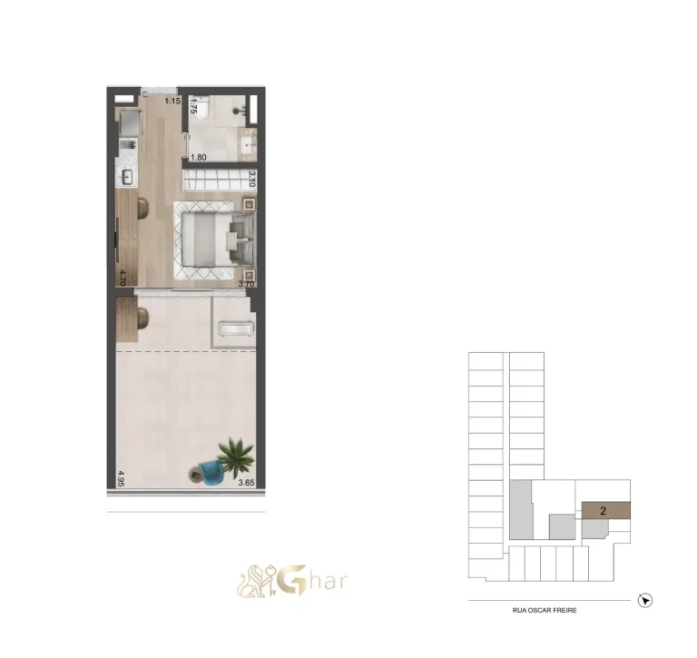 Planta Studio 25m² com terraço técnico do Oscar Freire 1560 Studios