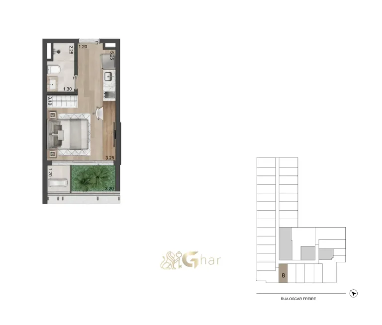 Planta Studio 25m² com jardim – Oscar Freire 1560 Studios