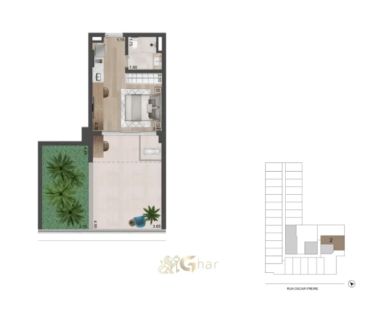 Planta Studio 55m² com terraço garden – Oscar Freire 1560 Studios