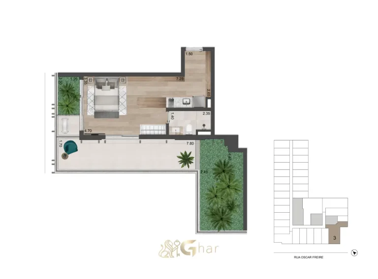 Planta Studio 67m² com terraço jardim – Oscar Freire 1560 Studios