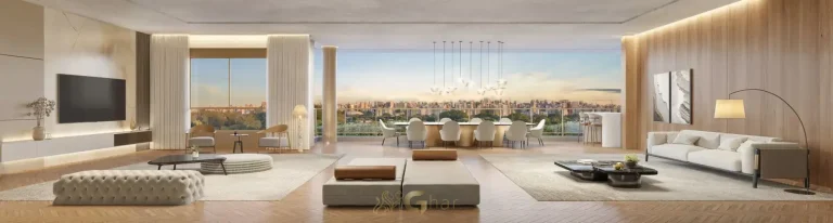 Sala de jantar e living do decorado 269 m² no Portrait Parque do Ibirapuera