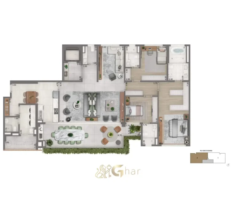 Planta alternativa 232 m² Torre 3 – Portrait Parque do Ibirapuera