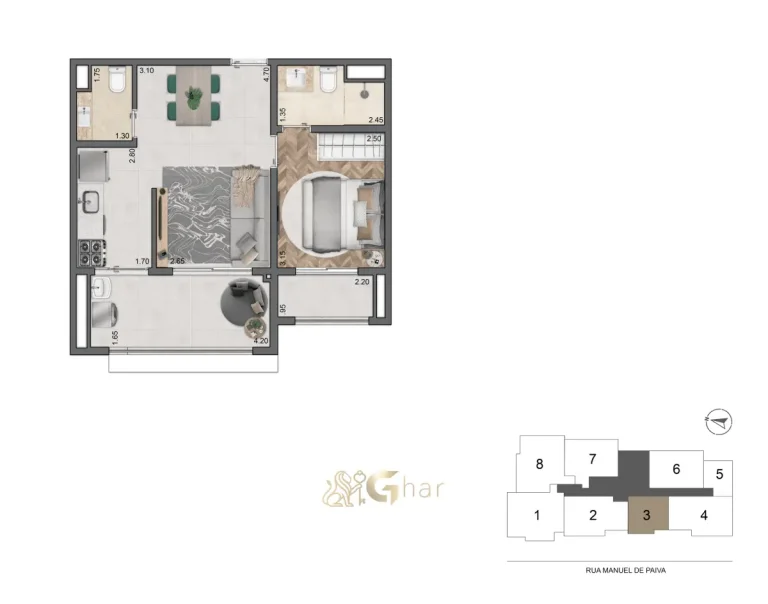 Planta 47m² 1 suíte – Quattri Cyrela Vila Mariana