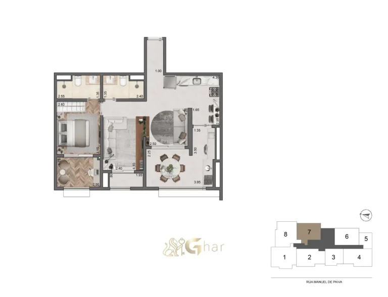 Planta do apartamento 70m² 1 suíte – Quattri Cyrela Vila Mariana