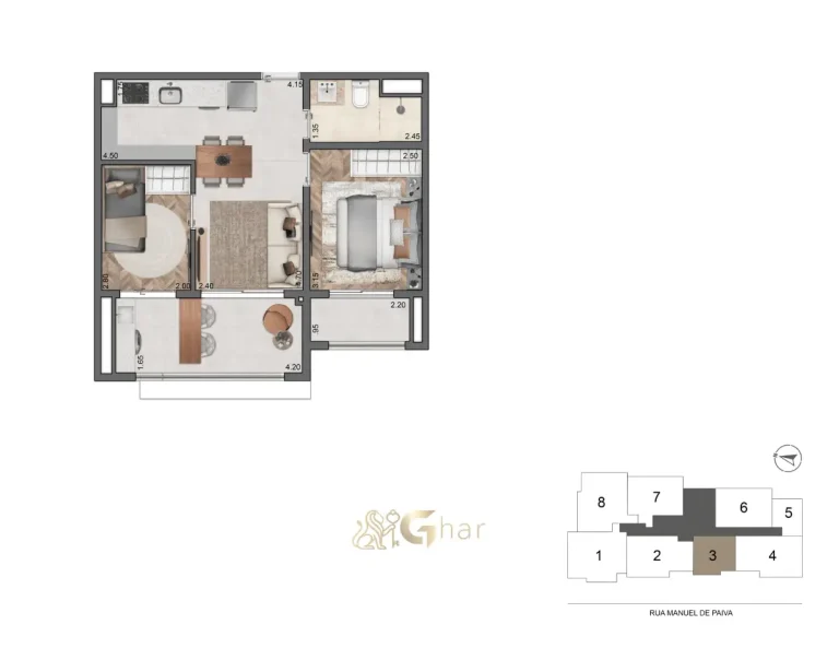 Planta 47m² 2 dormitórios – Quattri Cyrela Vila Mariana