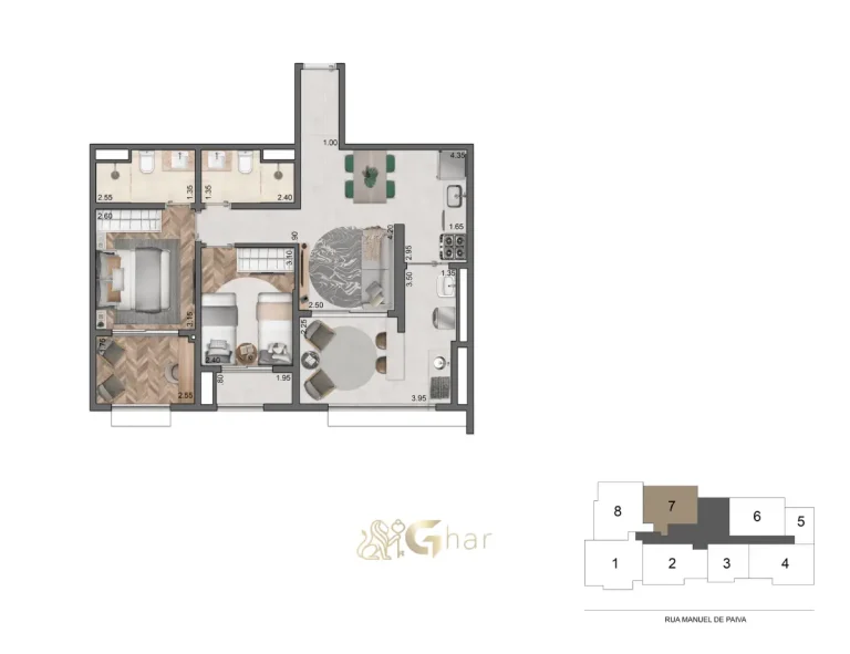 Planta 70m² 2 dormitórios – Quattri Cyrela Vila Mariana