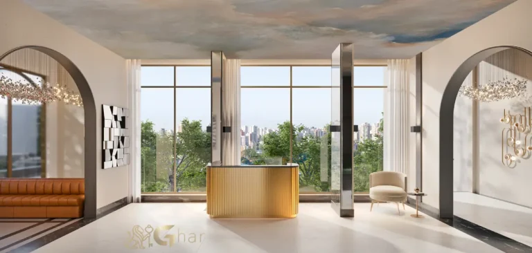 Lobby sofisticado do Secret Garden Studios na Vila Mariana