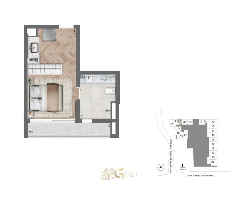 Planta do studio 26 m² do Secret Garden Studios