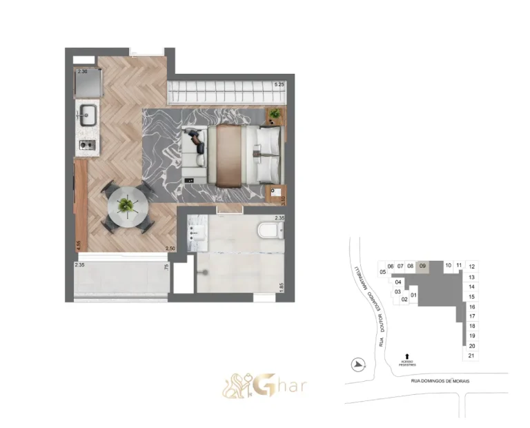 Planta do studio 32 m² no Secret Garden Studios