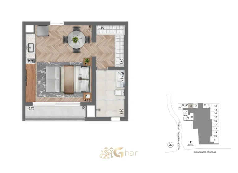 Planta do studio 39 m² do Secret Garden Studios