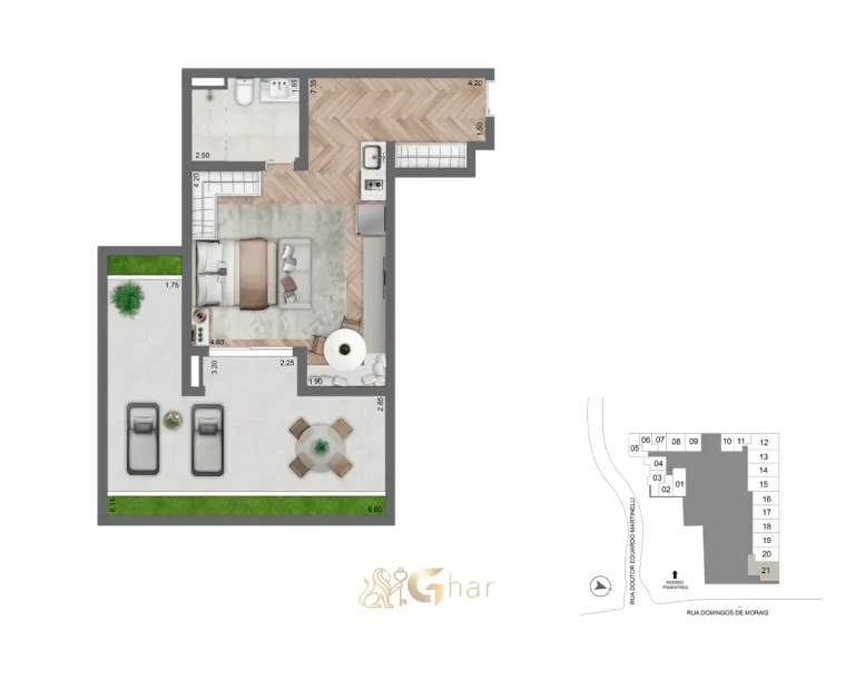 Planta do studio 72 m² com varanda no Secret Garden Studios