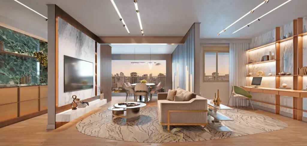 Living decorado do apartamento de 78 m² no Secret Garden Vila Mariana