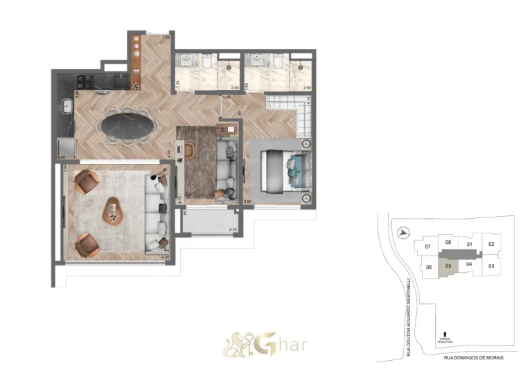 Planta do apartamento de 69 m² com 1 suíte no Secret Garden Vila Mariana