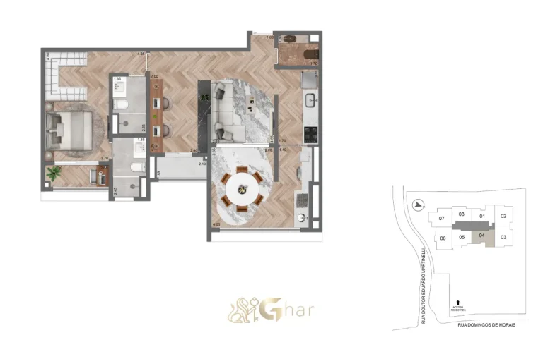 Planta do apartamento de 78 m² com 1 suíte no Secret Garden Vila Mariana