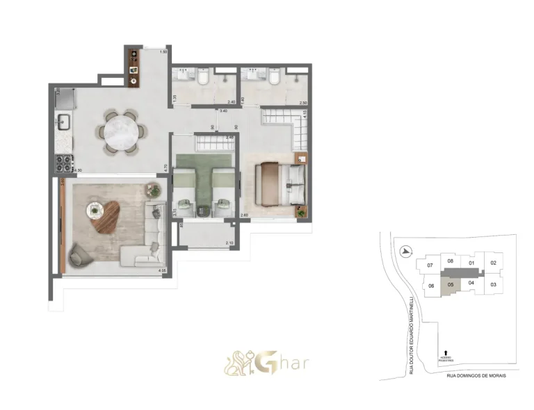 Planta do apartamento de 69 m² com 2 dormitórios no Secret Garden Vila Mariana