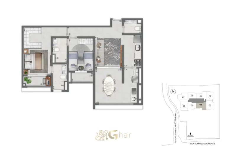 Planta do apartamento de 78 m² com 2 suítes no Secret Garden Vila Mariana