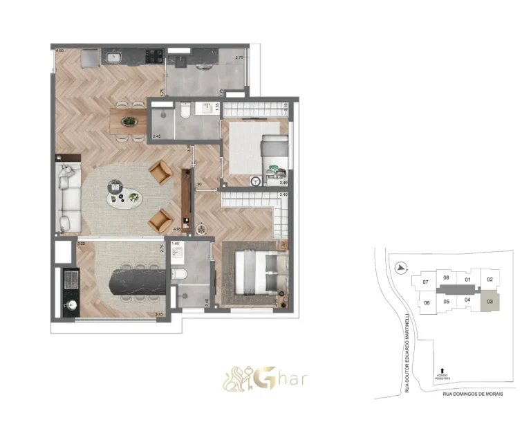 Planta do apartamento de 82 m² com 2 suítes no Secret Garden Vila Mariana