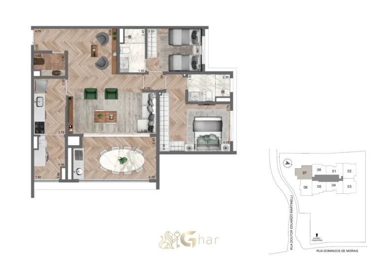 Planta do apartamento de 89 m² com 2 suítes no Secret Garden Vila Mariana