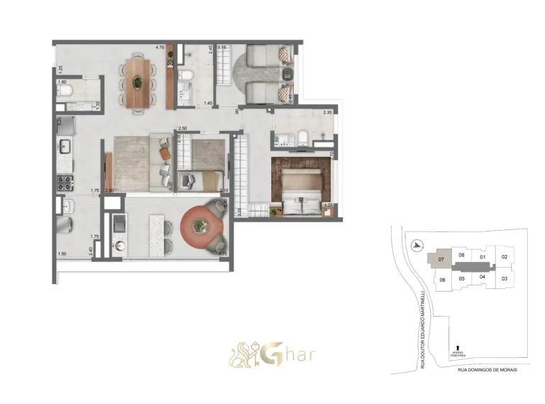 Planta do apartamento de 89 m² com 3 dormitórios no Secret Garden Vila Mariana