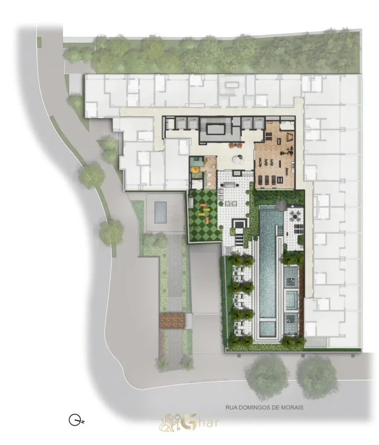 Planta de implantação do pavimento 1 do condomínio Secret Garden Vila Mariana