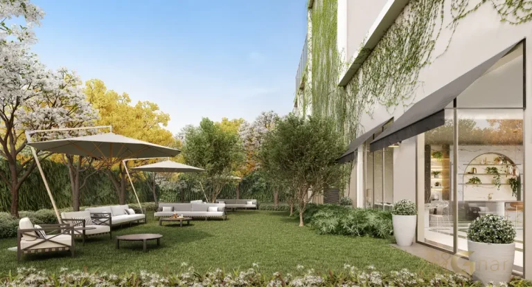 Área externa do salão de festas do The Garden Klabin na Chácara Klabin