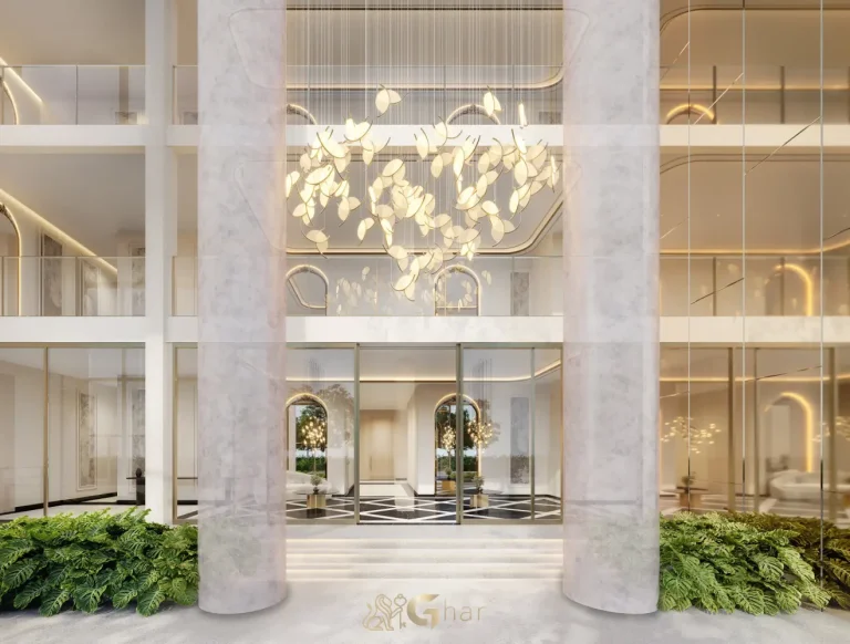 Lobby sofisticado do condomínio The Garden Klabin na Chácara Klabin