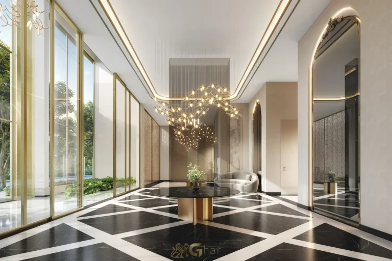 Lobby de entrada do The Garden Klabin com ambientação premium