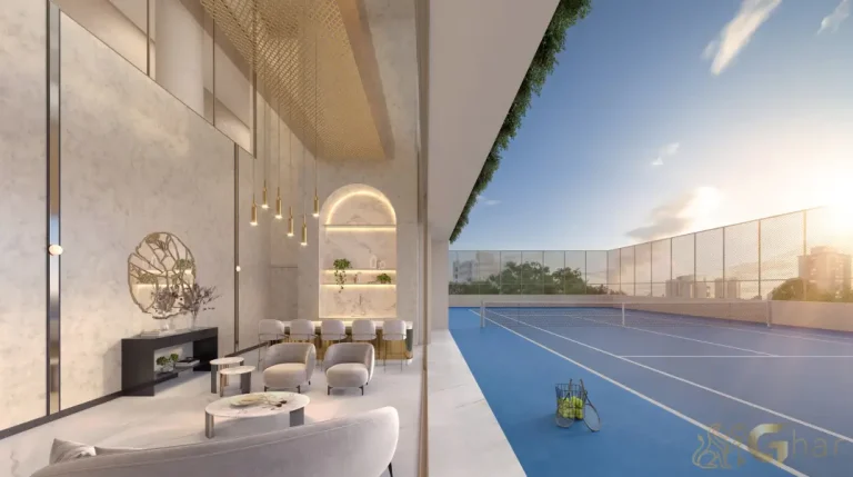 Quadra de tênis e lounge do The Garden Klabin