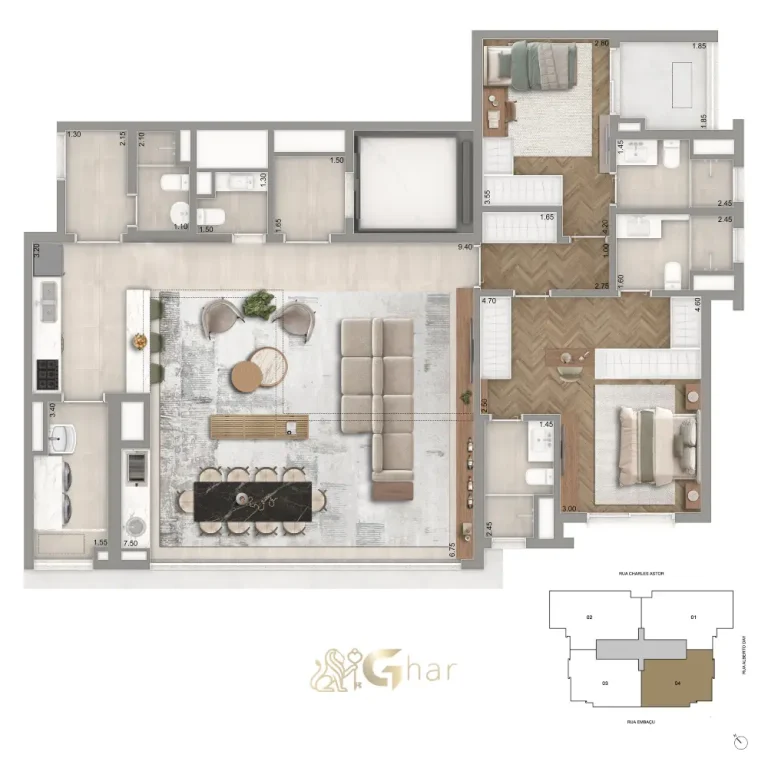 Planta 136 m² com 2 suítes, cozinha integrada e sala ampliada no The Garden Klabin