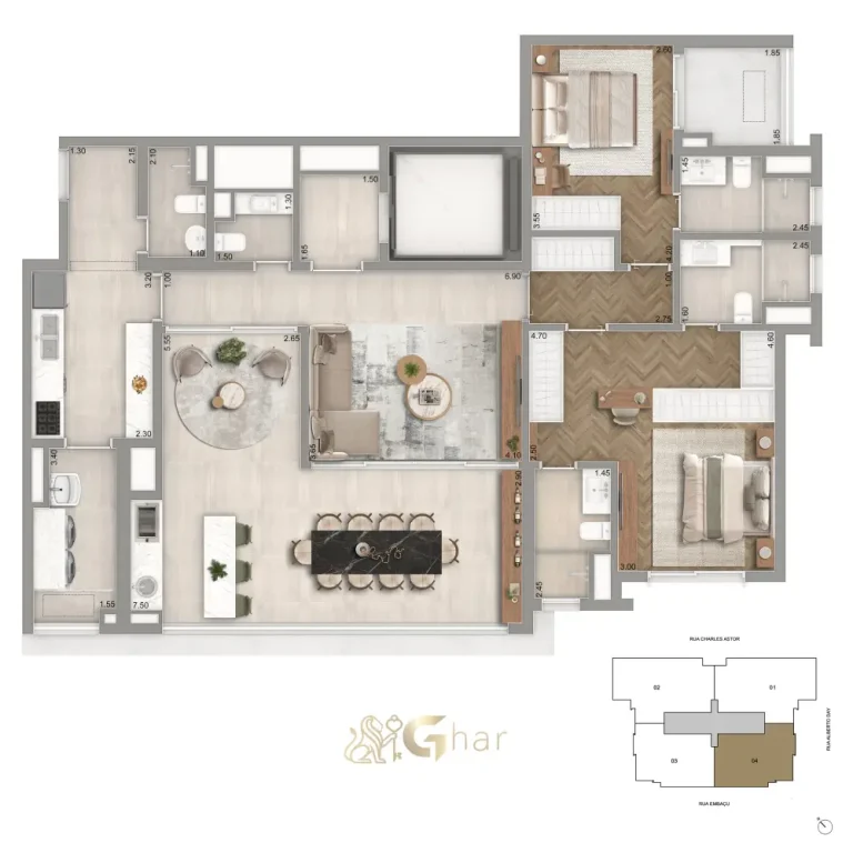 Planta 136 m² com 2 suítes, sala ampliada e banheiro Sr. e Sra. do The Garden Klabin