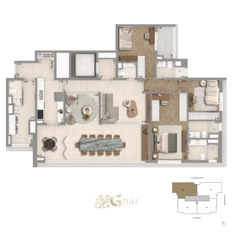 Planta 170 m² com 3 dormitórios, sala ampliada e banho Sr. e Sra. no The Garden Klabin