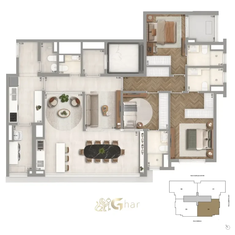 Planta 136 m² com 3 suítes do The Garden Klabin