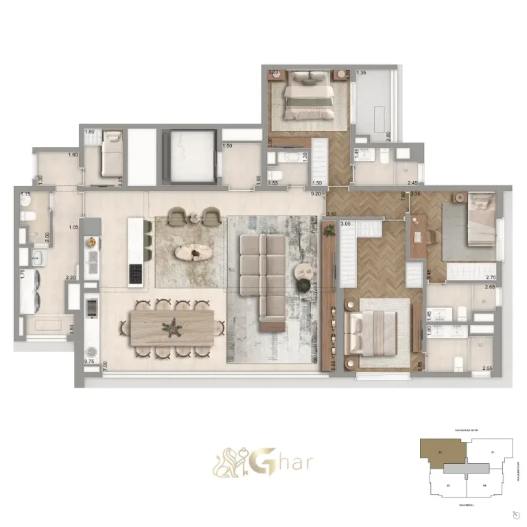 Planta 170 m² com 3 suítes, sala ampliada e cozinha integrada do The Garden Klabin